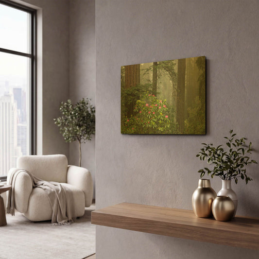 'Redwood Fog Rhododendrons' By Mike Jones Gold Metal Wall Art