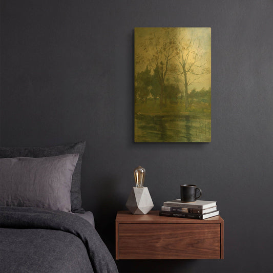 'Two Trees Silhouetted Behind A Water Course, 1900-02' By Piet Mondrian Gold Metal Wall Art