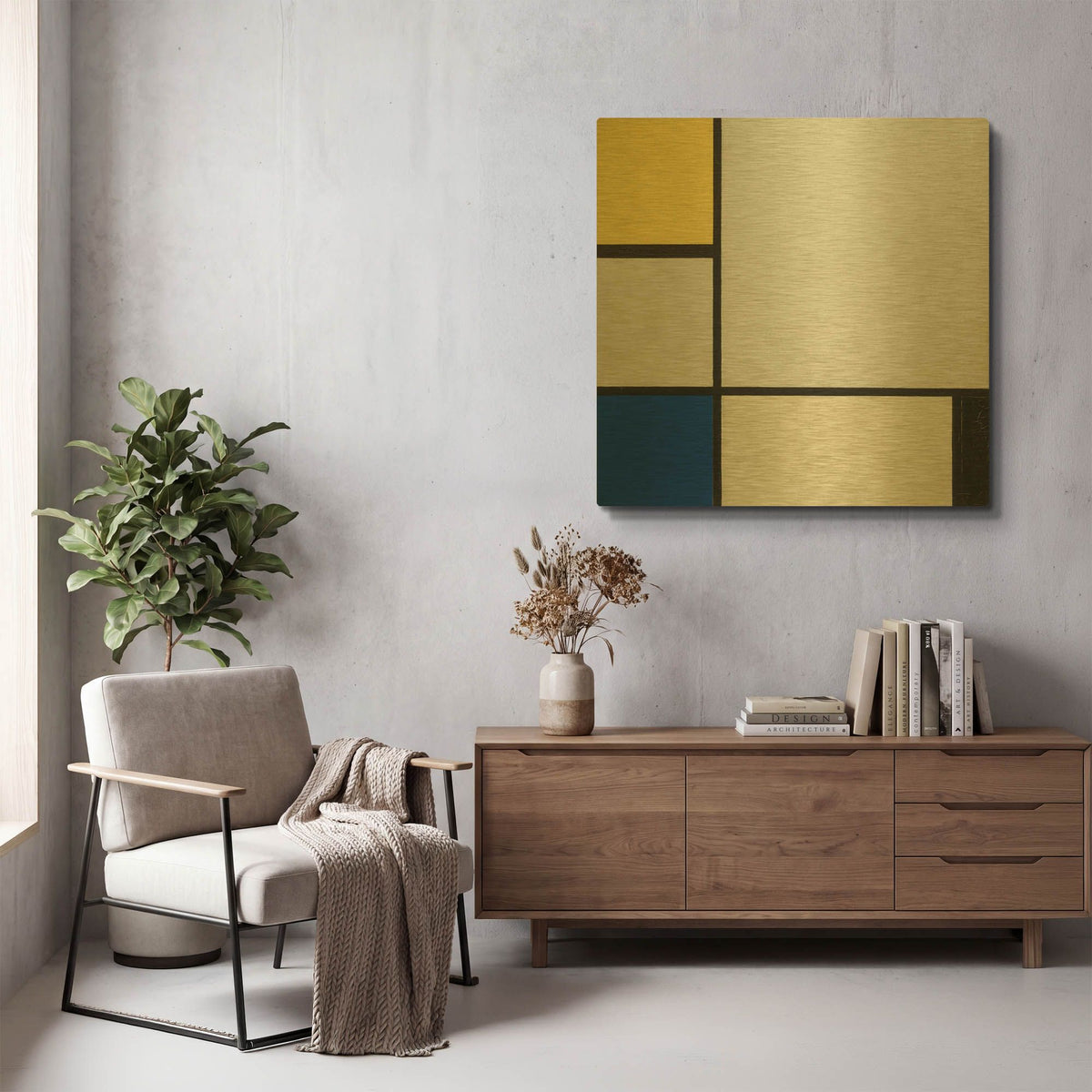 'Composition with Yellow, Blue, Black and Light Blue, 1929' By Piet Mondrian Gold Metal Wall Art