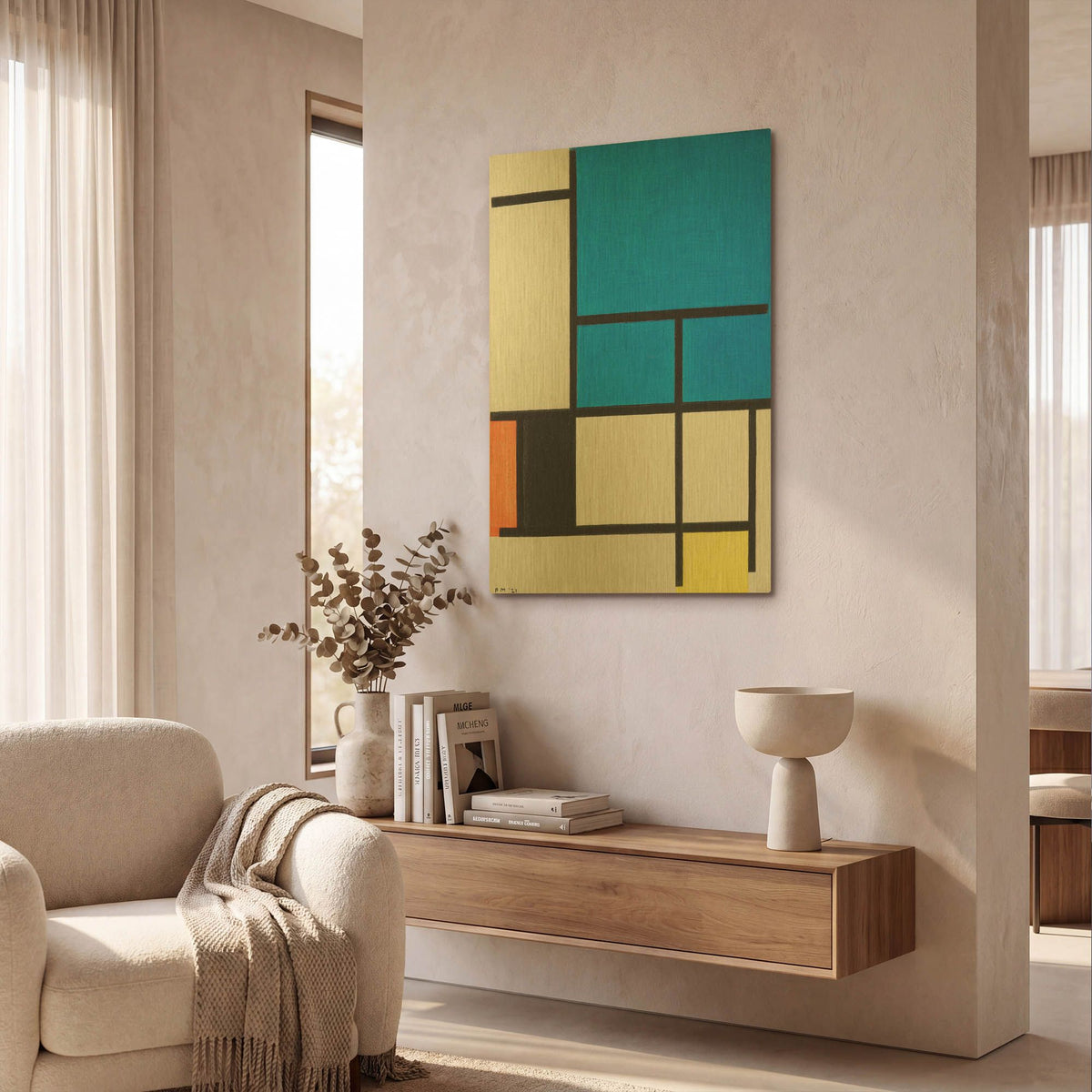 'Composition with Large Blue Plane, Red, Black, Yellow, and Gray 1984' By Piet Mondrian Gold Metal Wall Art