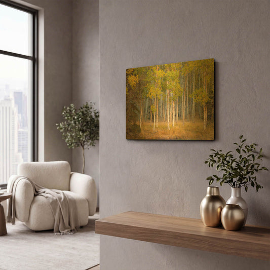 'June Lake Aspen' By John Gavrilis Gold Metal Wall Art