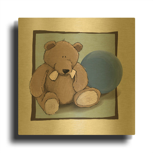 'Teddy Bear and Ball' By GraphINC Gold Metal Wall Art