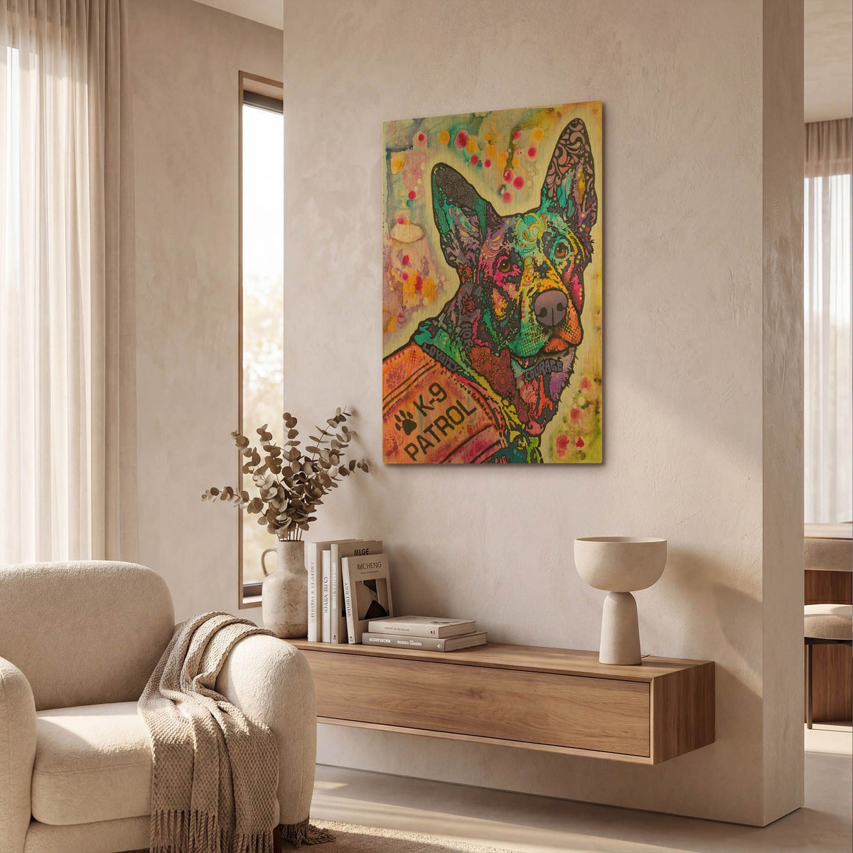 'K 9 Patrol German Shep Action' By Dean Russo Gold Metal Wall Art