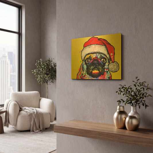 'Pug Christmas Edition' By Dean Russo Gold Metal Wall Art