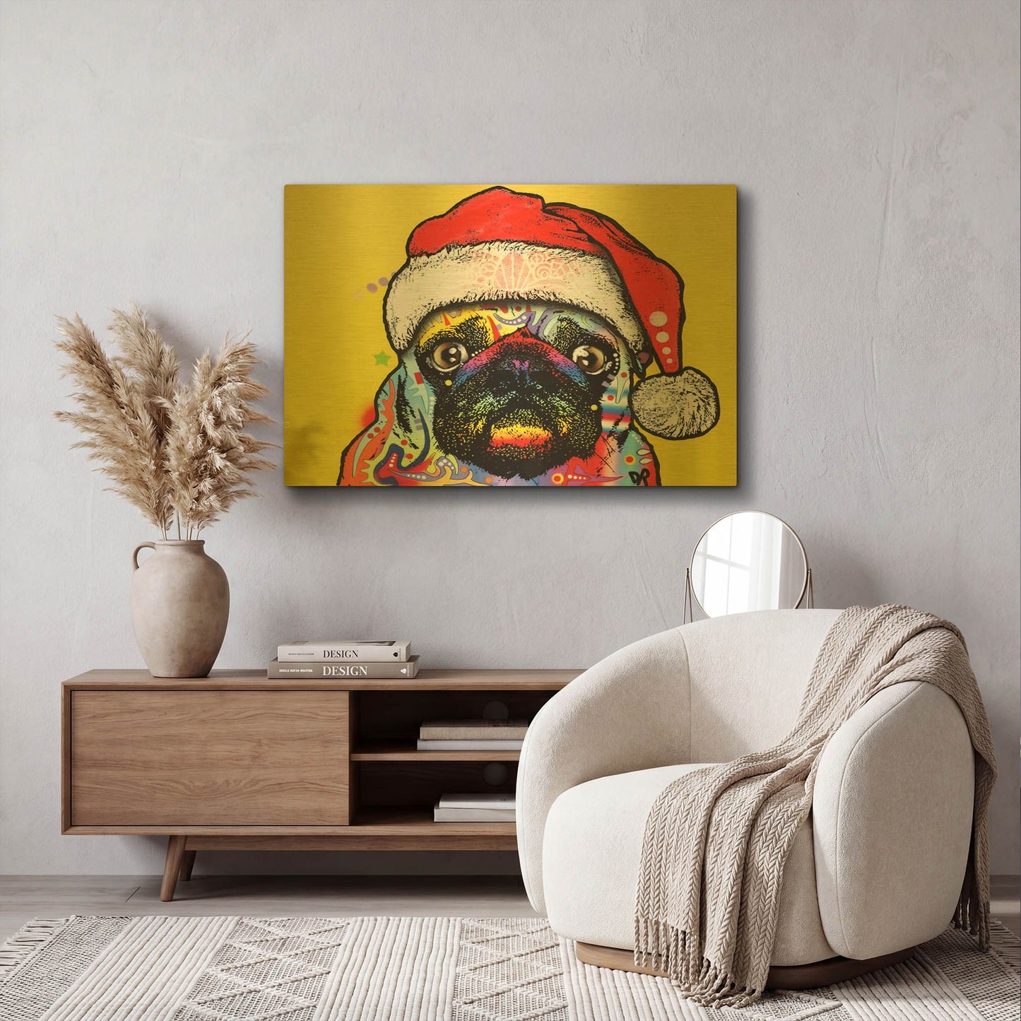 'Pug Christmas Edition' By Dean Russo Gold Metal Wall Art