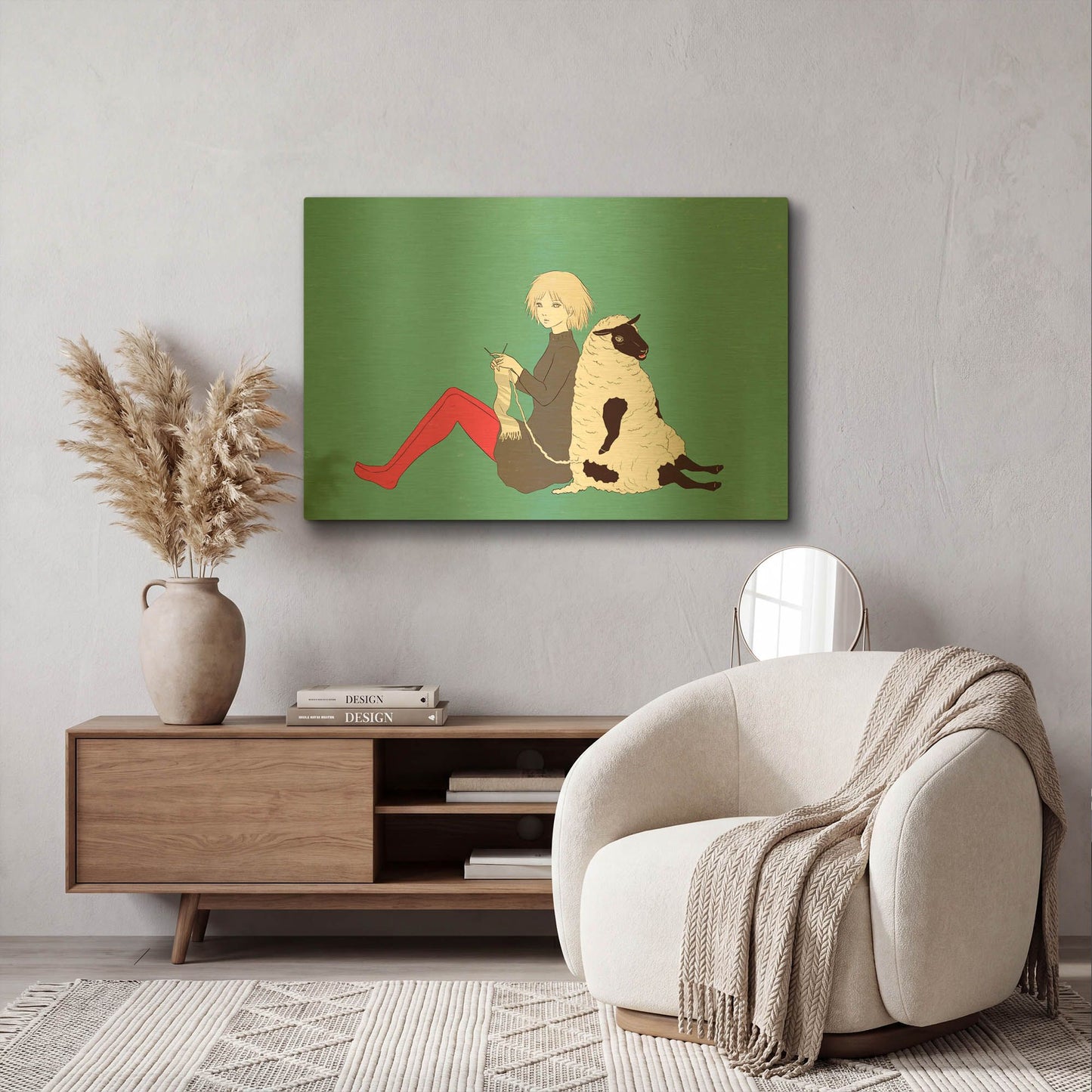 'Sheep and Girl' By Sai Tamiya Gold Metal Wall Art