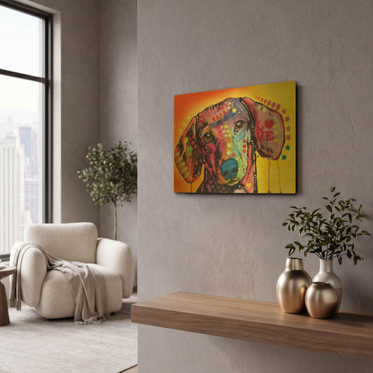 'Tilt Dachshund Love' By Dean Russo Gold Metal Wall Art