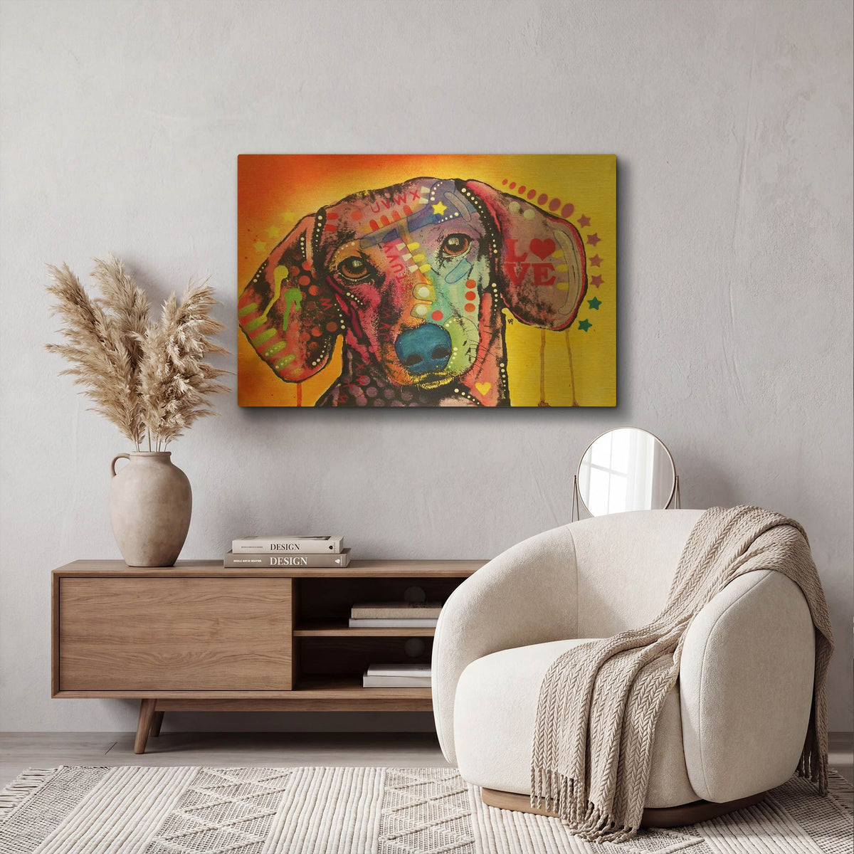 'Tilt Dachshund Love' By Dean Russo Gold Metal Wall Art