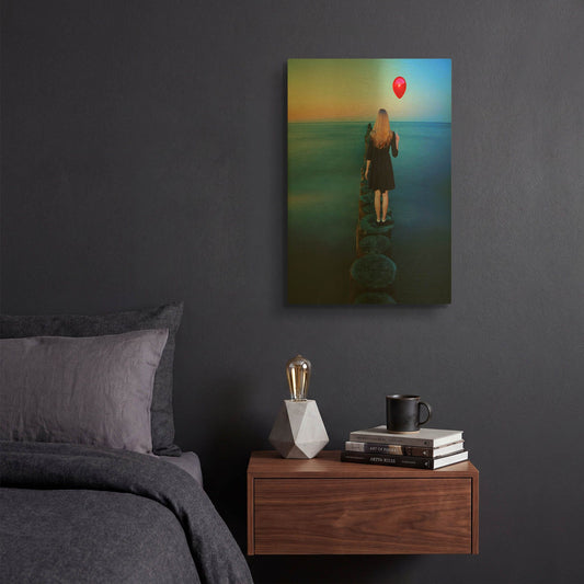 'A Girl And Red Balloon' By Ata Alishahi Gold Metal Wall Art