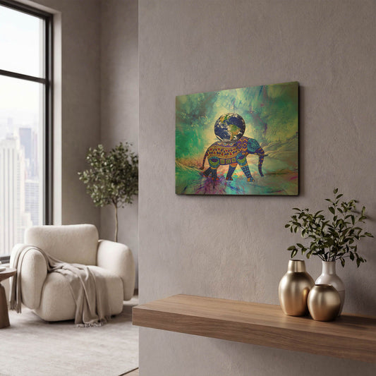'Earth On Elephant' By Ata Alishahi Gold Metal Wall Art