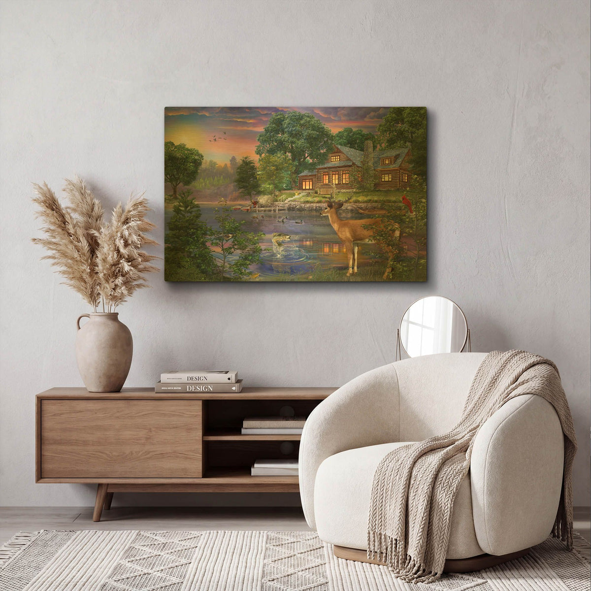 'White Tail Deer Lakehouse' By Bigelow Illustrations Gold Metal Wall Art