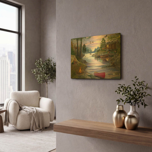 'Cabin Lake' By Bigelow Illustrations Gold Metal Wall Art