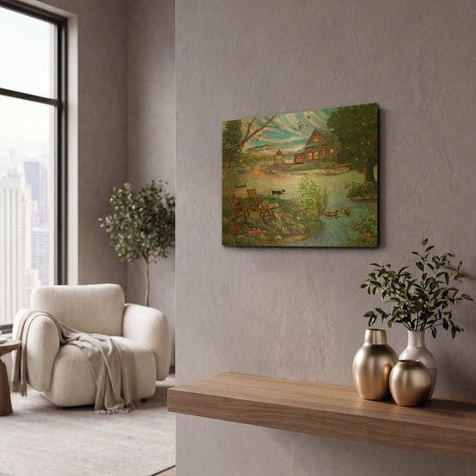 'Coffee on the Lakeshore' By Bigelow Illustrations Gold Metal Wall Art