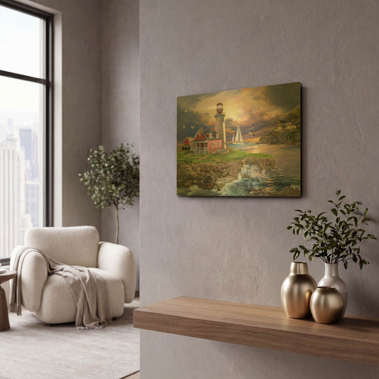 'Sunset Point Lighthouse' By Bigelow Illustrations Gold Metal Wall Art