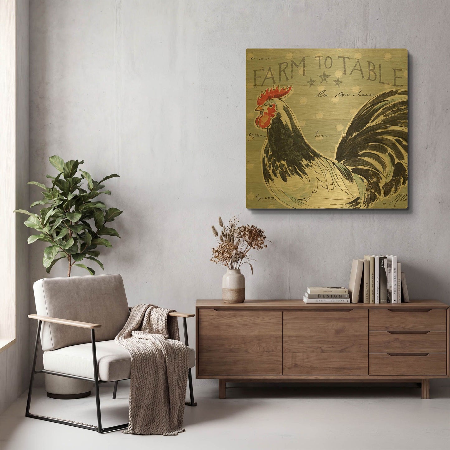 'Roosters Call III' By Daphne Brissonnet Gold Metal Wall Art