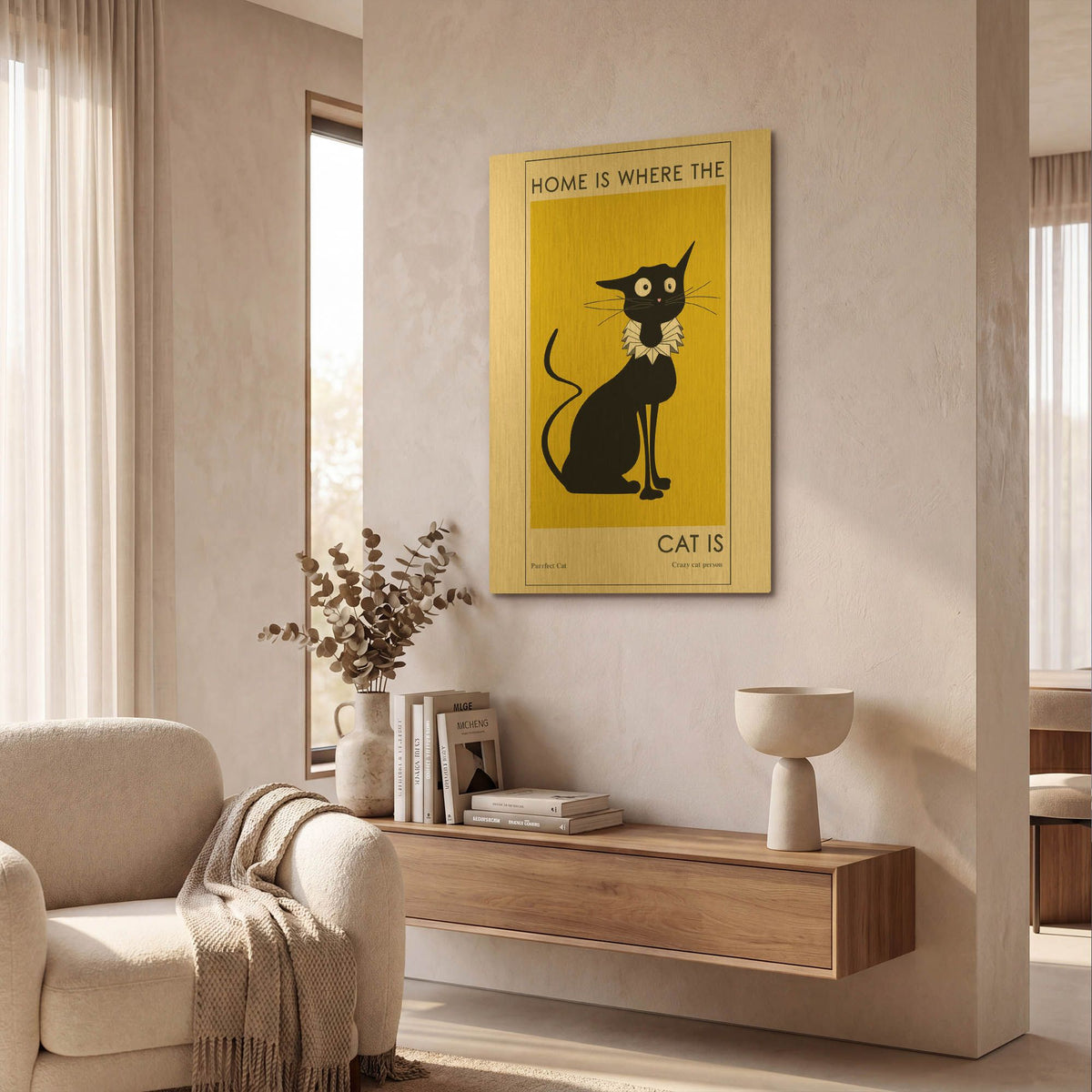 'Home Is where The Cat Is' By Ayse Gold Metal Wall Art