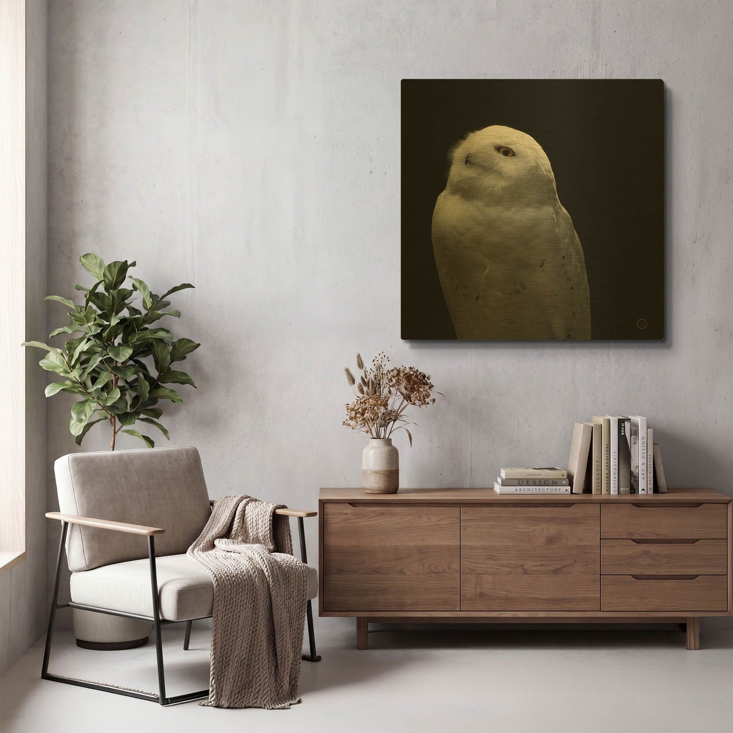 'Snowy Owl Looks to the Sun' By Nathan Larson Gold Metal Wall Art