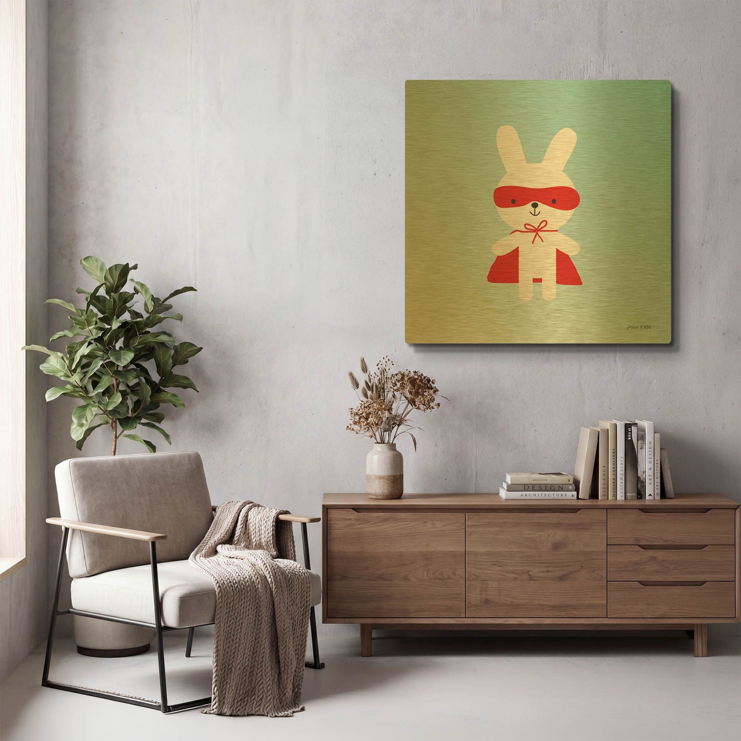 'Rabbit Super Hero' By Ann Kelle Gold Metal Wall Art