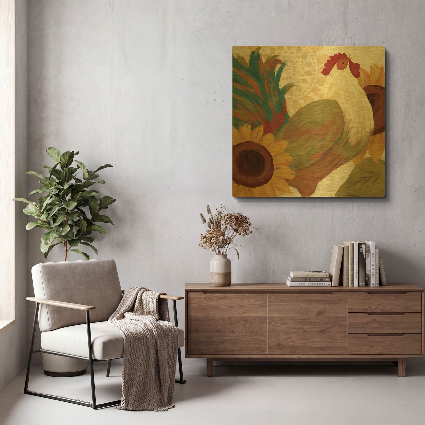 'Spice Roosters I' By Veronique Charron Gold Metal Wall Art