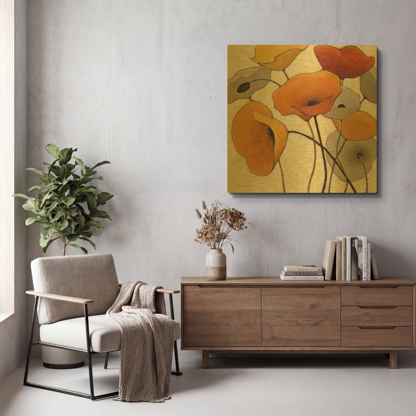 'Pumpkin Poppies III' By Shirley Novak Gold Metal Wall Art