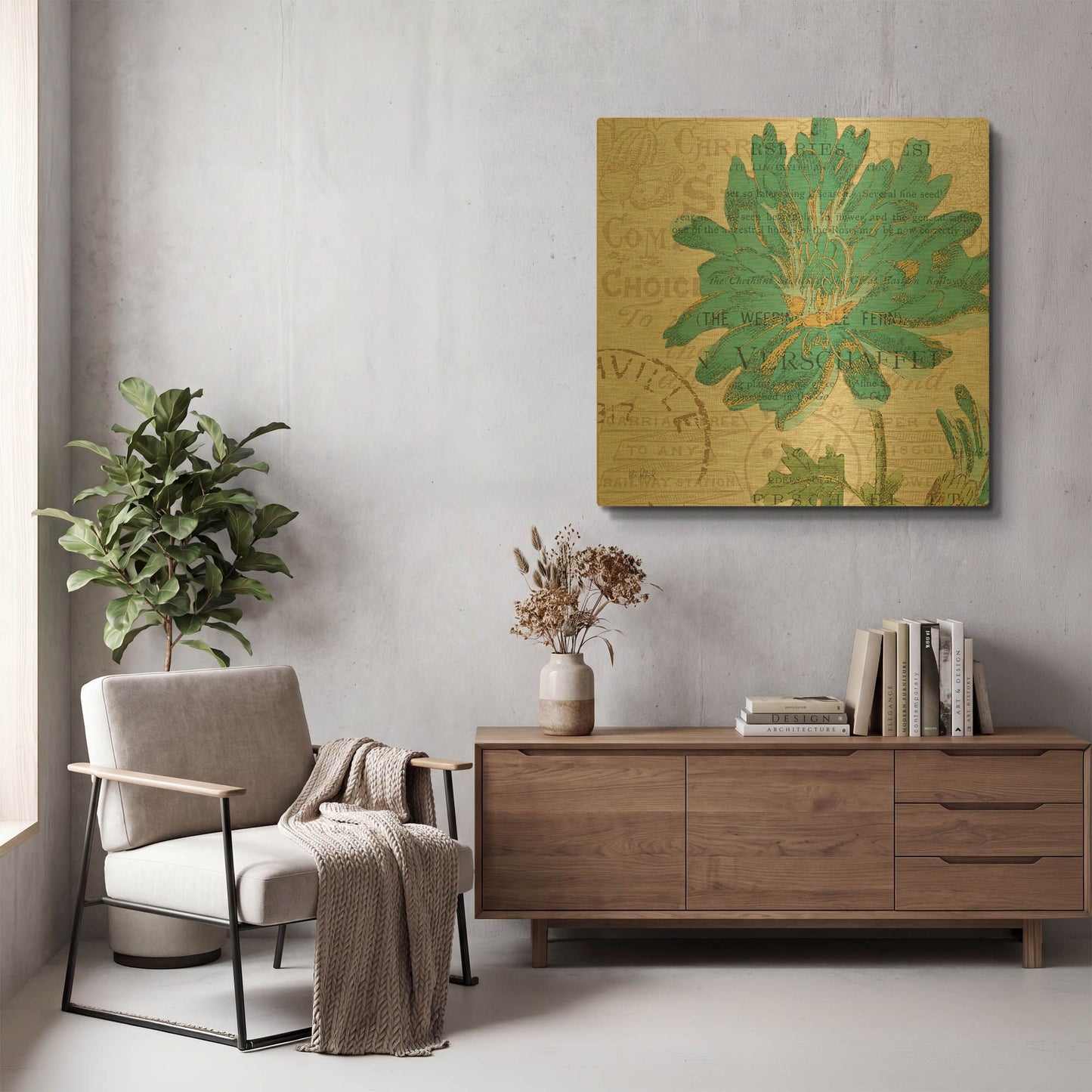 'Bookshelf Botanical IV' By Katie Pertiet Gold Metal Wall Art