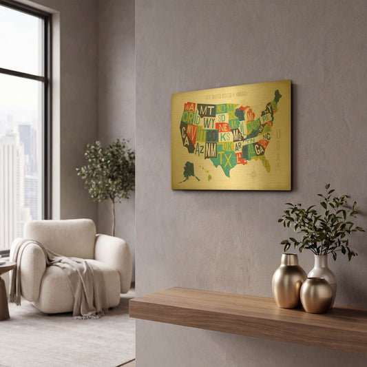 'Letterpress USA Map' By Michael Mullan Gold Metal Wall Art