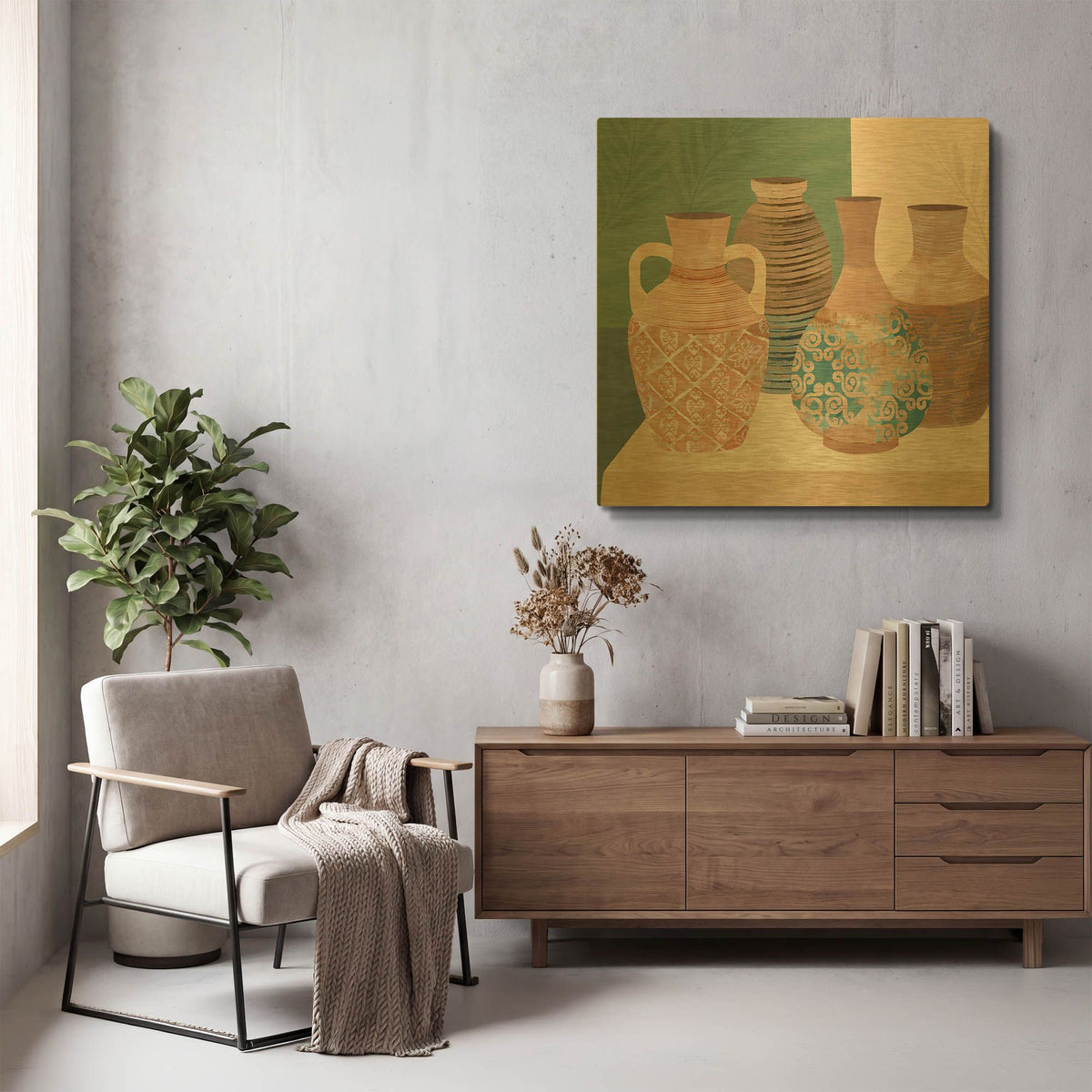 'Earthenware Pots III' By Flora Kouta Gold Metal Wall Art