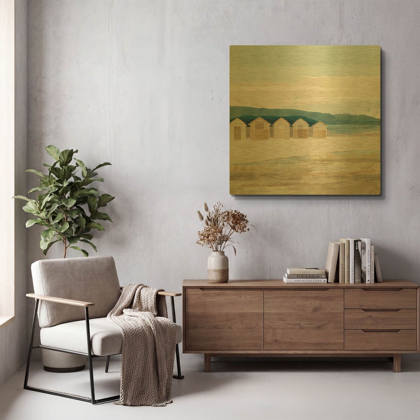 'Stone Bay Huts I' By Flora Kouta Gold Metal Wall Art