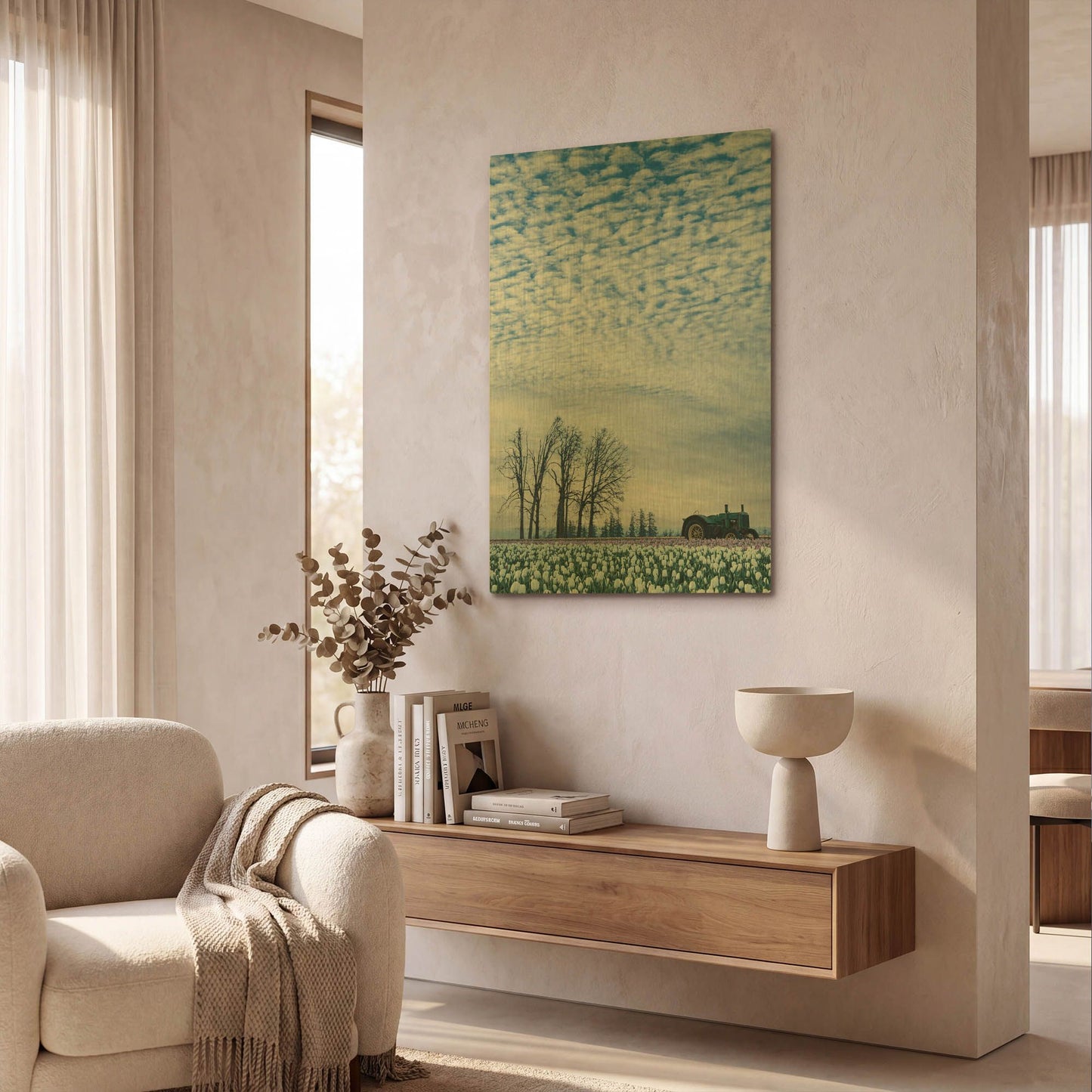 'Tractor Surrounded By Tulips' By Don Schwartz Gold Metal Wall Art