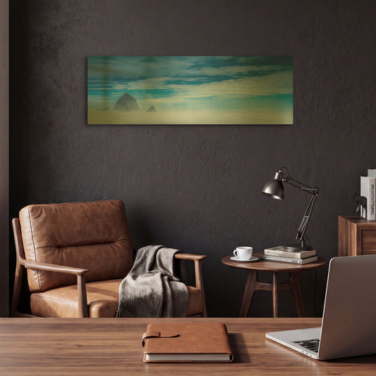 'Haystack Rock In The Mist' By Don Schwartz Gold Metal Wall Art
