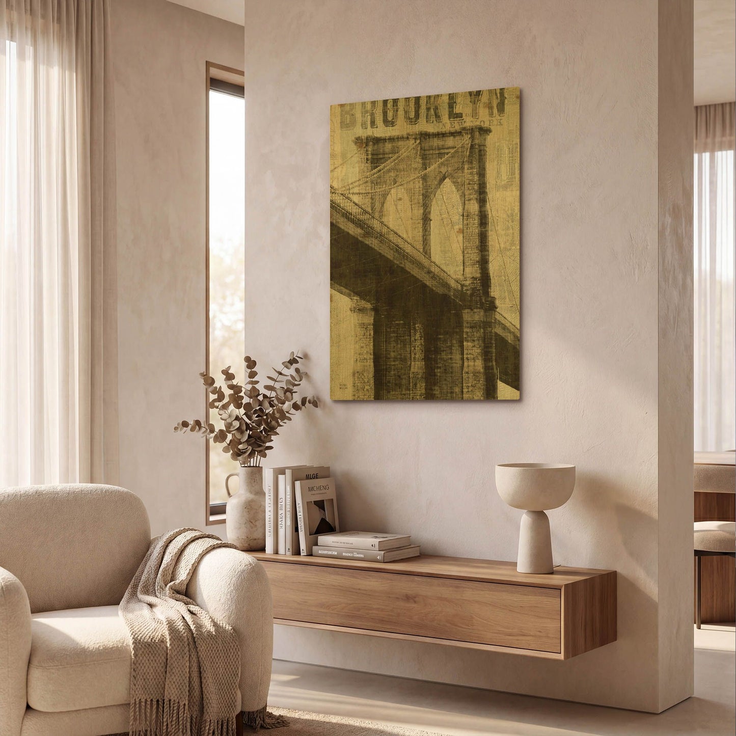 'Vintage NY Brooklyn Bridge' By Michael Mullan Gold Metal Wall Art