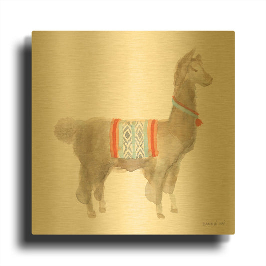 'Festive Llama III' By Danhui Nai Gold Metal Wall Art