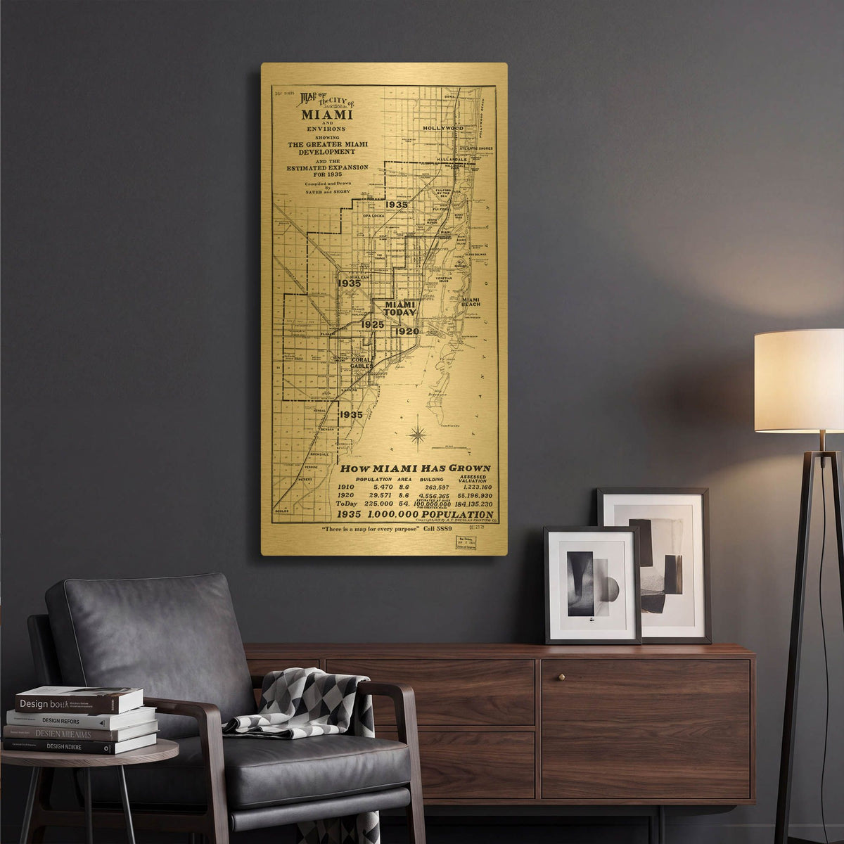 'Map of Miami 1925' By Historical Portfolio Gold Metal Wall Art