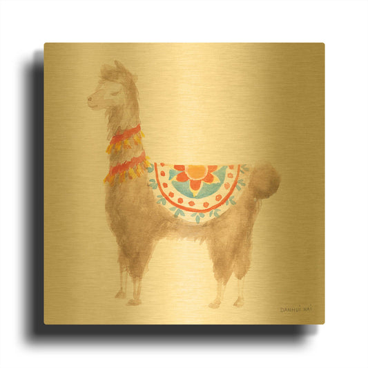 'Festive Llama IV' By Danhui Nai Gold Metal Wall Art