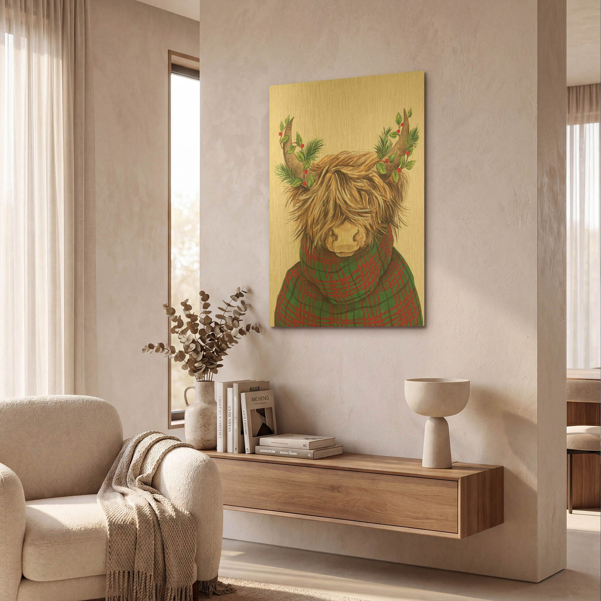 'Christmas Highland Cow' By Diane Kater Gold Metal Wall Art