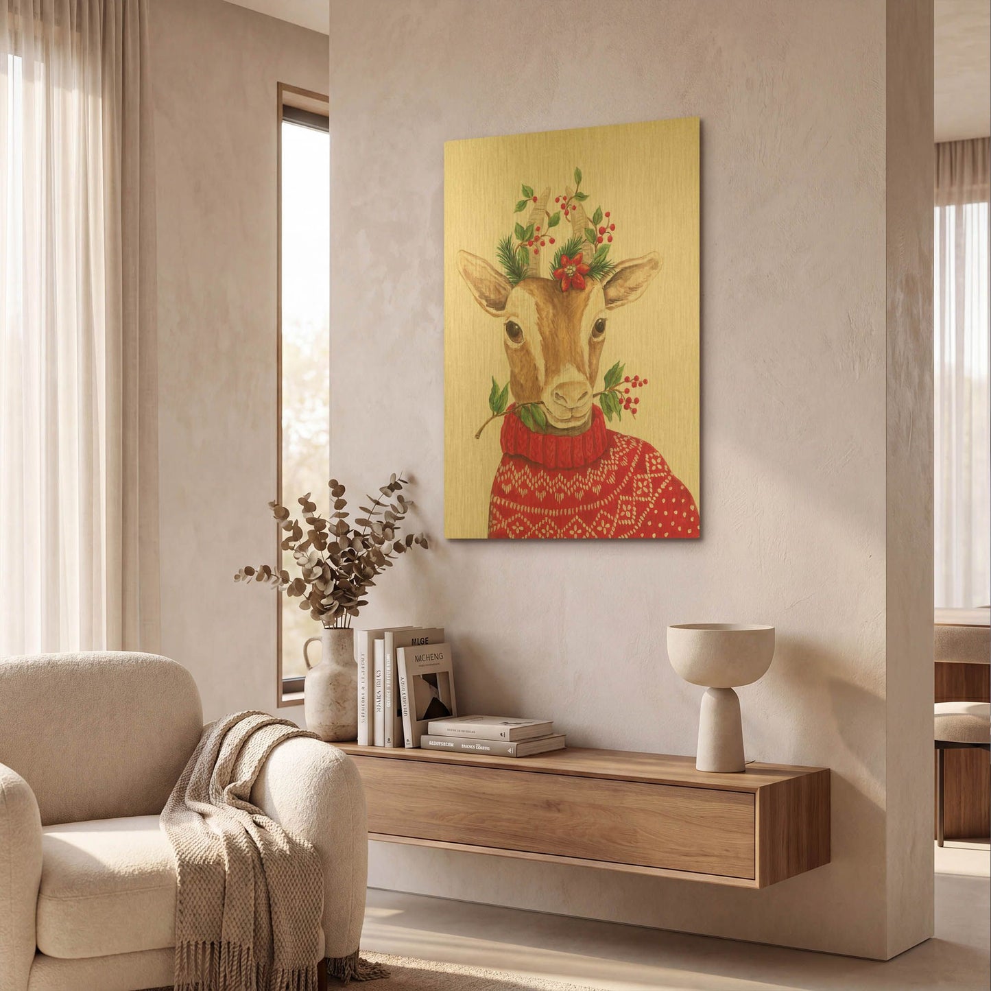 'Christmas Goat' By Diane Kater Gold Metal Wall Art