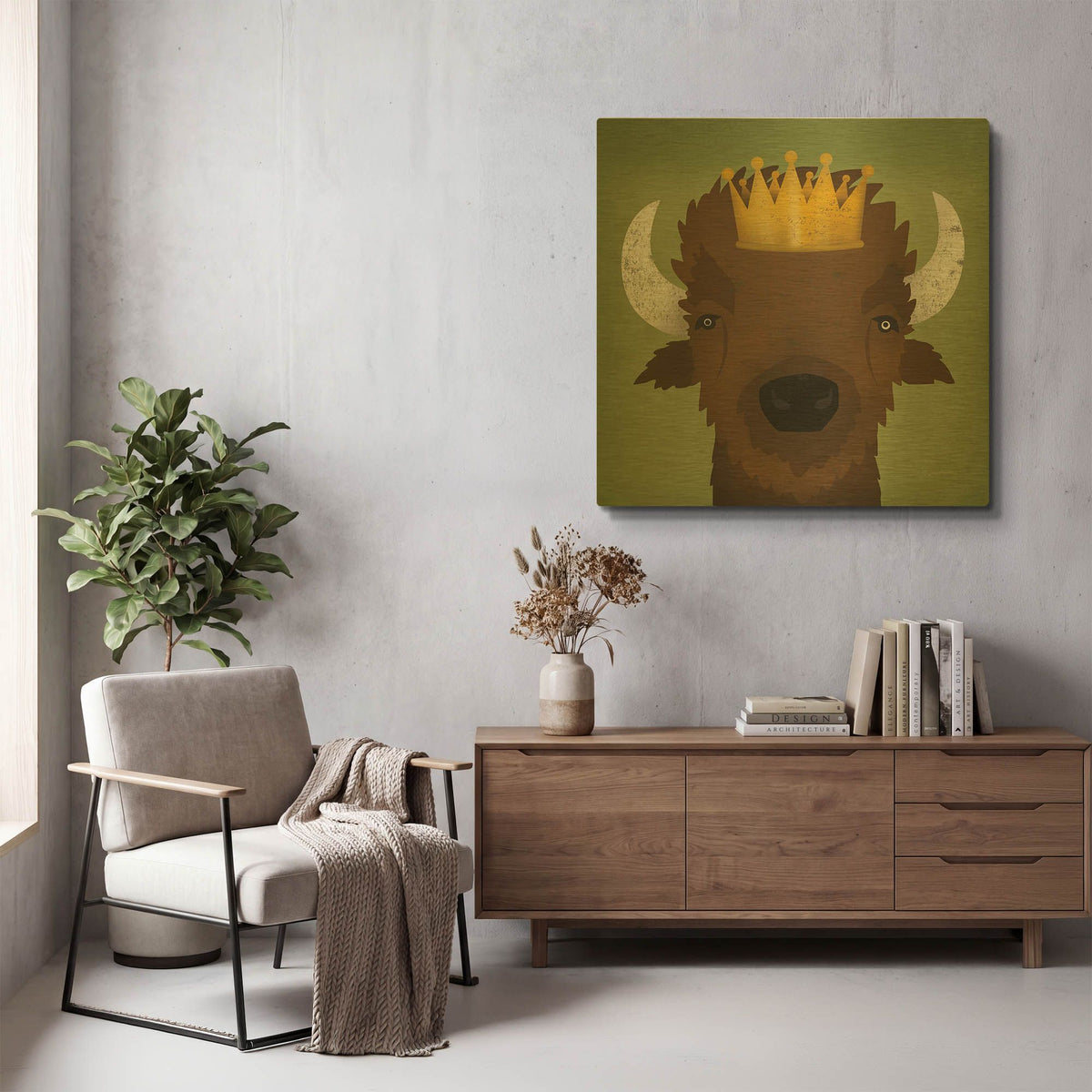 'Buffalo III with Crown' By Ryan Fowler Gold Metal Wall Art