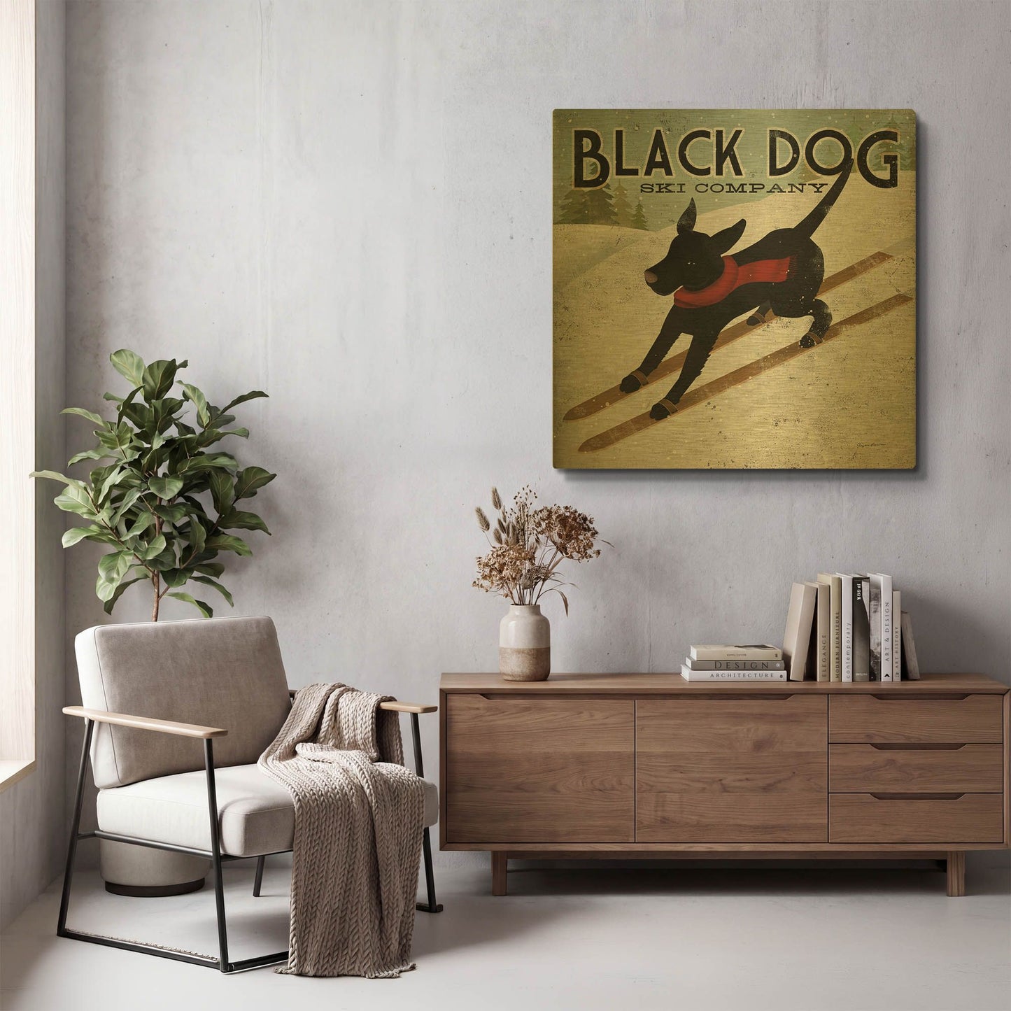 'Black Dog Ski' By Ryan Fowler Gold Metal Wall Art