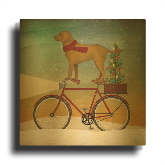 'Yellow Lab on Bike Christmas' By Ryan Fowler Gold Metal Wall Art