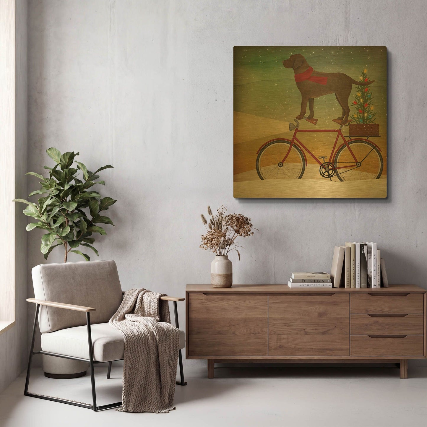 'Brown Lab on Bike Christmas' By Ryan Fowler Gold Metal Wall Art