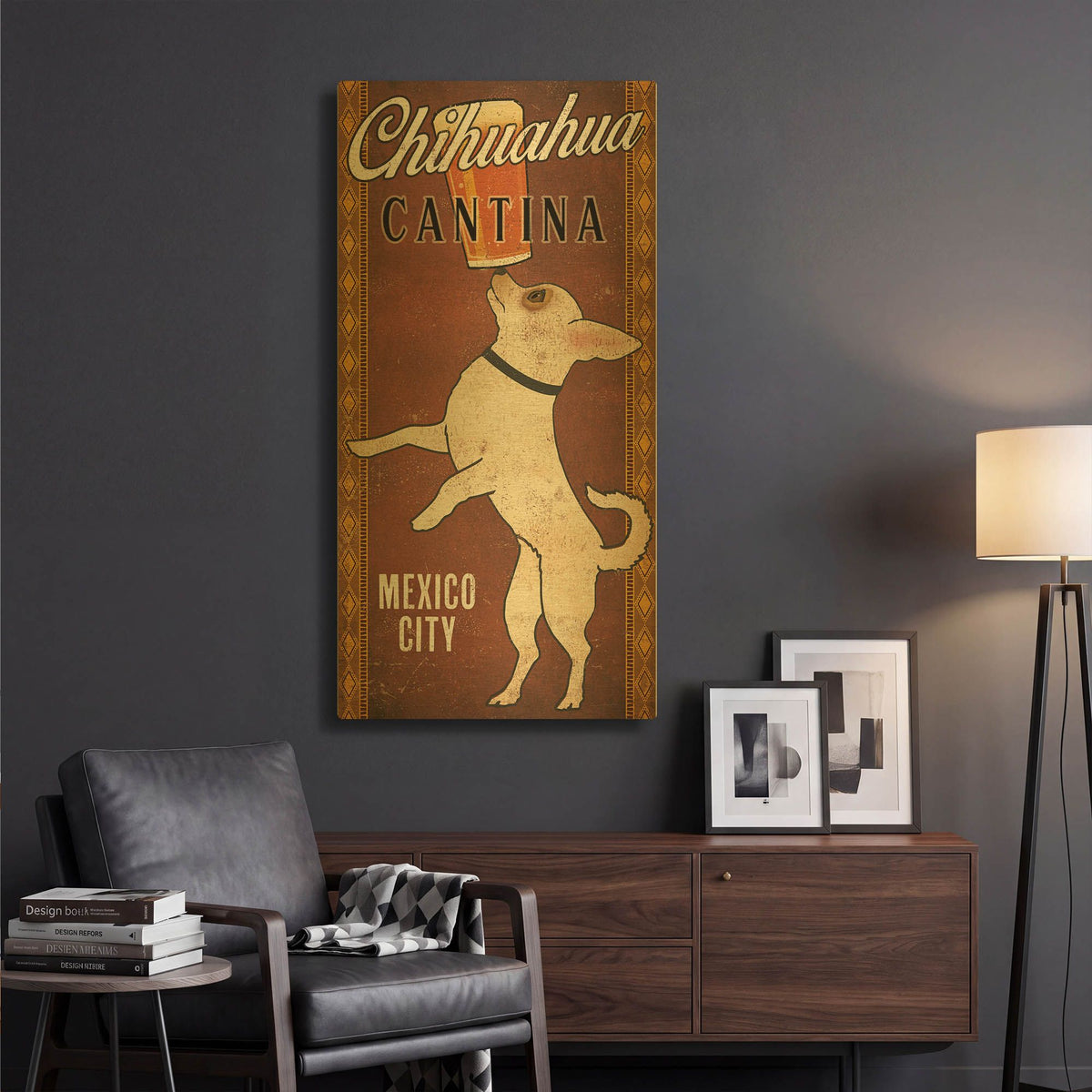 'White Chihuahua on Red' By Ryan Fowler Gold Metal Wall Art