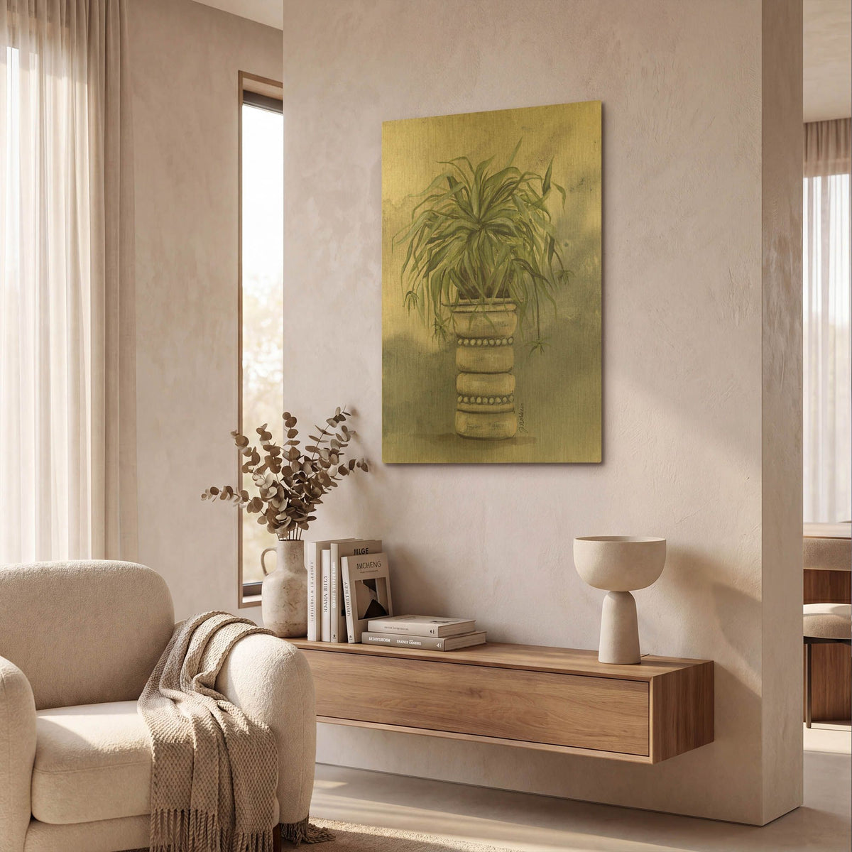 'Spider Plant in Pottery' By Julie Norkus Gold Metal Wall Art