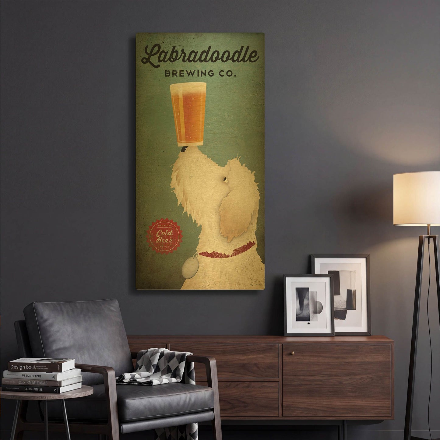 'Labradoodle Brewing' By Ryan Fowler Gold Metal Wall Art
