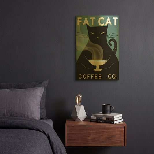 'Cat Coffee no City' By Ryan Fowler Gold Metal Wall Art