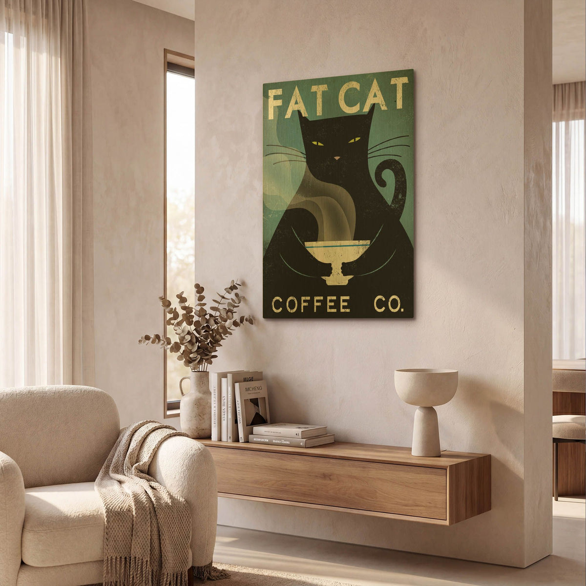 'Cat Coffee no City' By Ryan Fowler Gold Metal Wall Art
