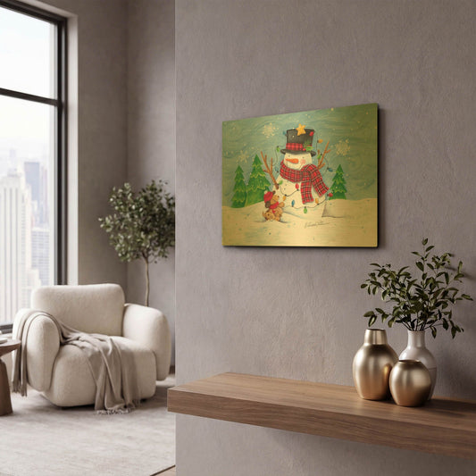 'Snowman and Christmas Lights' By Diane Kater Gold Metal Wall Art