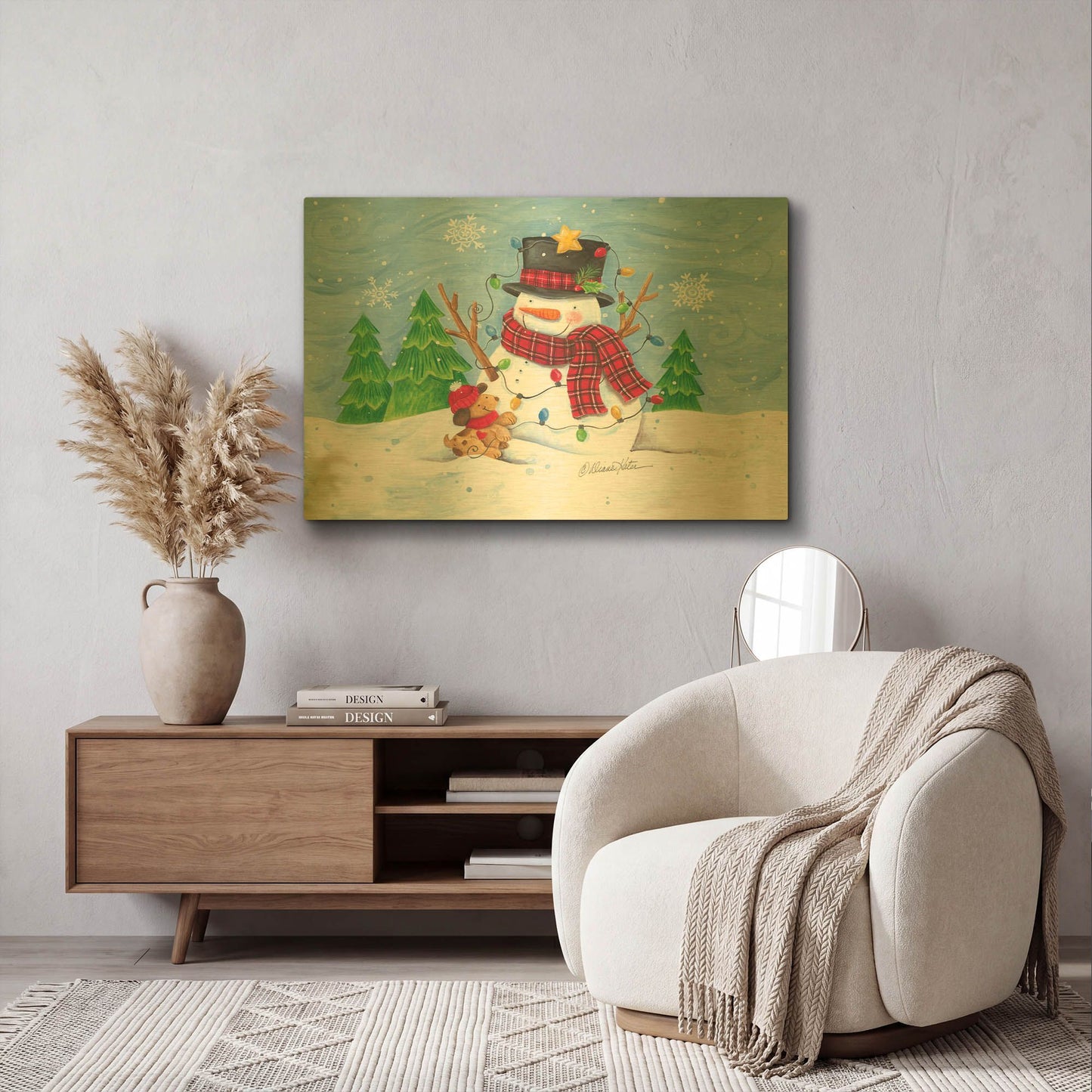 'Snowman and Christmas Lights' By Diane Kater Gold Metal Wall Art