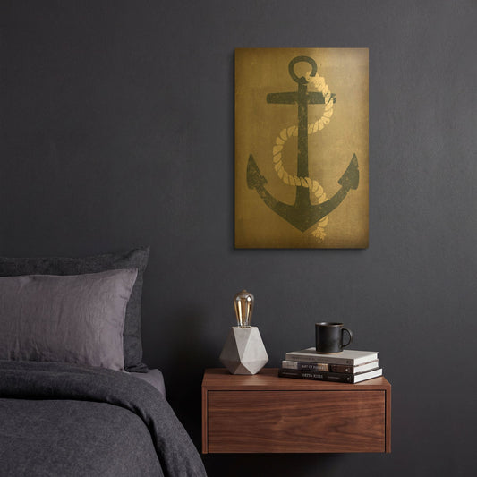 'Nautical Anchor Vertical Gray' By Ryan Fowler Gold Metal Wall Art