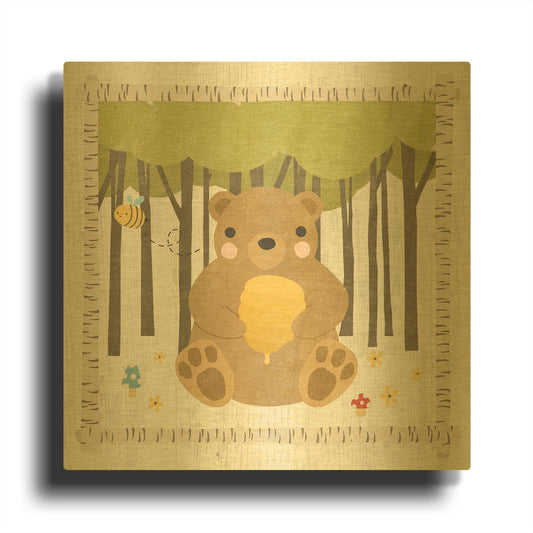 'Wood Land Hideaway Bear' By Moira Hershey Gold Metal Wall Art