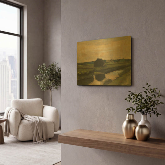 'Landscape With A Stack Of Peat And Farmhouses' By Vincent Van Gogh Gold Metal Wall Art